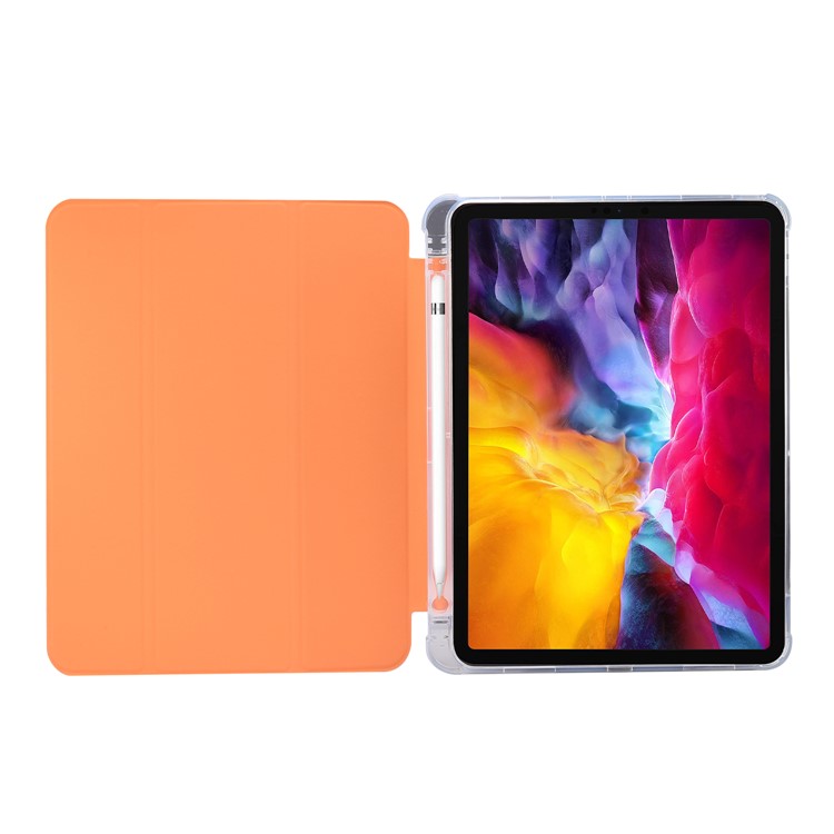 Skin Feeling Tri-fold Stand Leather TPU Tablet Case with Pen Slot for iPad Pro 11-inch (2020)/(2018) - Orange-3