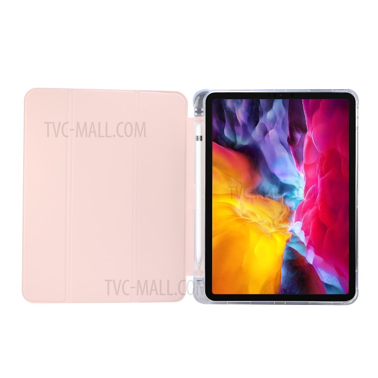 Skin Feeling Tri-fold Stand Leather TPU Tablet Case with Pen Slot for iPad Pro 11-inch (2020)/(2018) - Light Pink-3