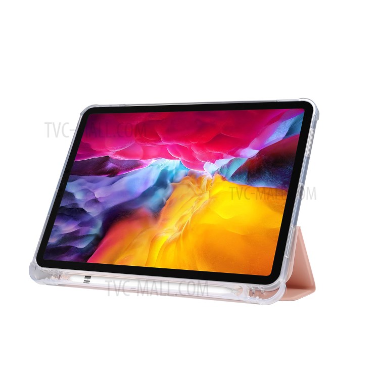 Skin Feeling Tri-fold Stand Leather TPU Tablet Case with Pen Slot for iPad Pro 11-inch (2020)/(2018) - Light Pink-5