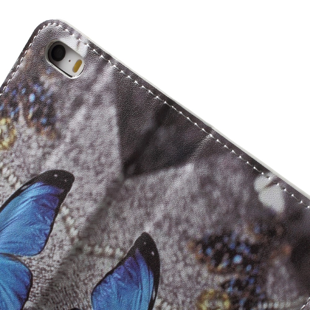 Wassertransferdruck Gemusterte Lederwallet-Stand-Schutzhülle Für IPhone SE / 5S / 5 - Blauer Schmetterling