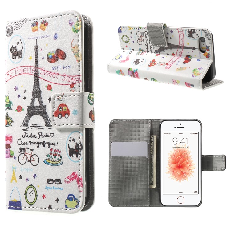 Leather Wallet Stand Case for iPhone SE/5s/5 - Cartoon Patterns-1