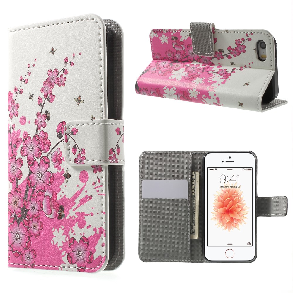 Leather Wallet Stand Case for iPhone SE/5s/5 - Plum Blossom-1