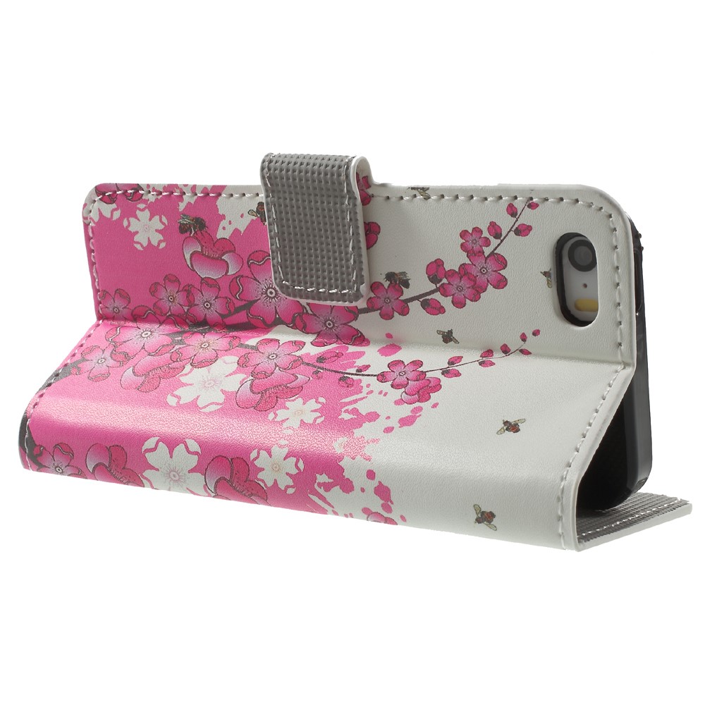 Leather Wallet Stand Case for iPhone SE/5s/5 - Plum Blossom-4