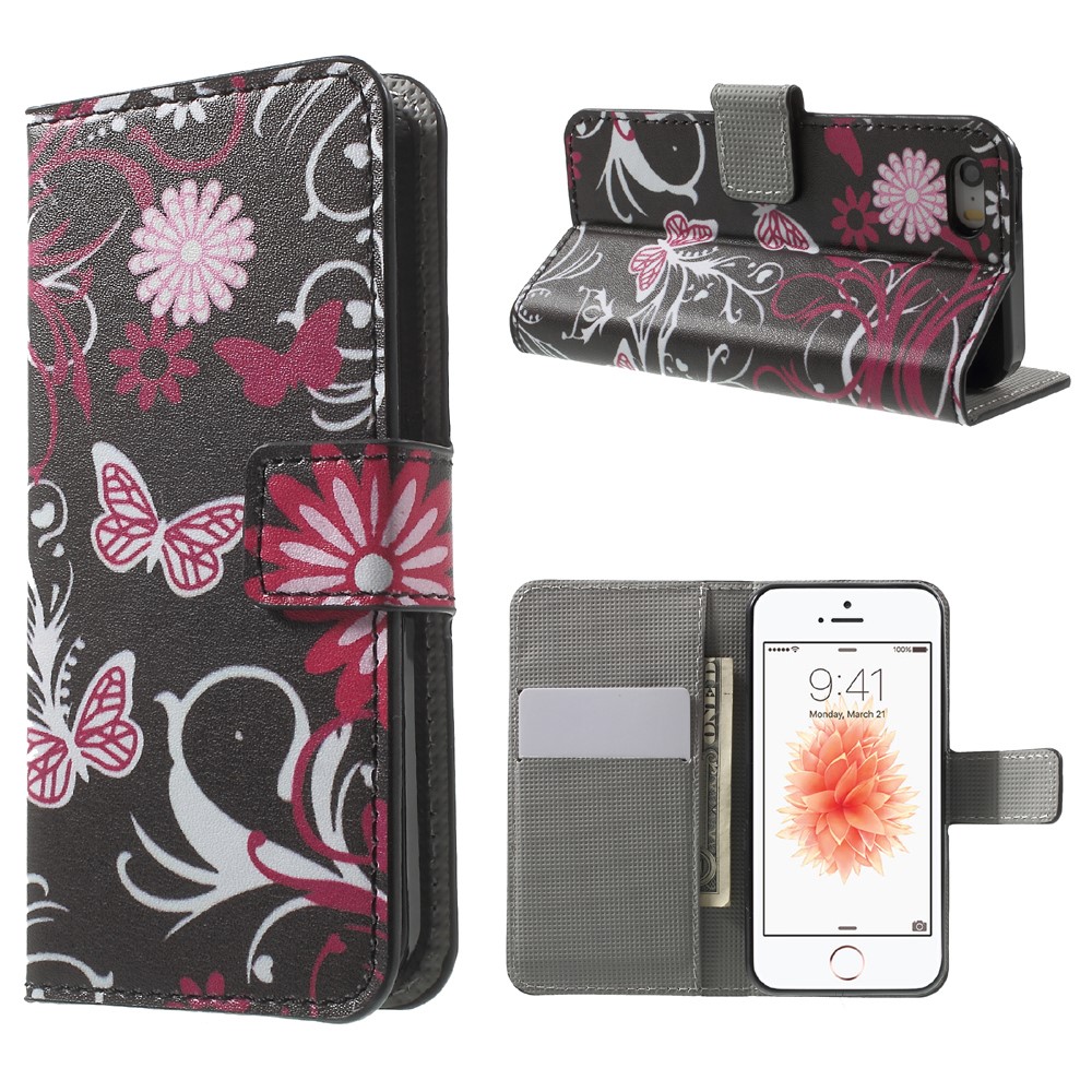 Leather Wallet Stand Case for iPhone SE/5s/5 - Butterfly and Flower-1