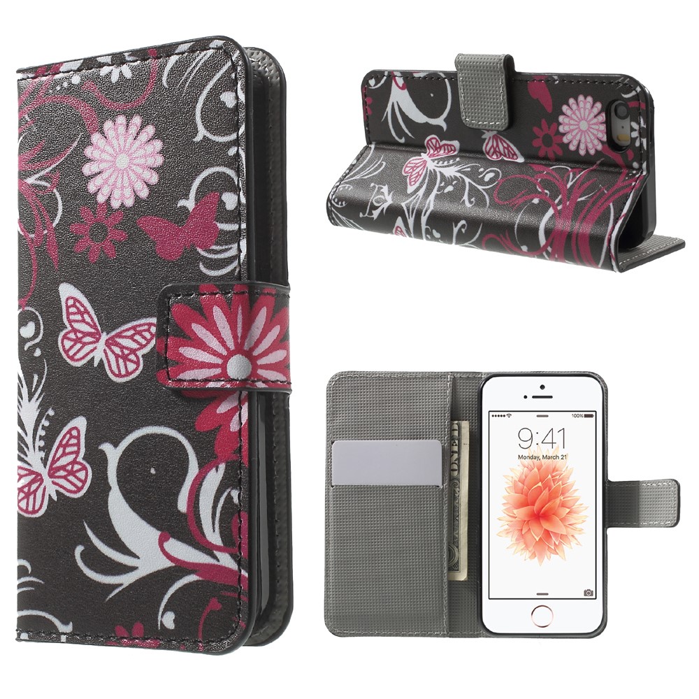 Eau De Transfert D'eau Portefeuille En Cuir À Motifs Cas De Protection Pour IPhone SE / 5S / 5 - Papillon Et Fleur