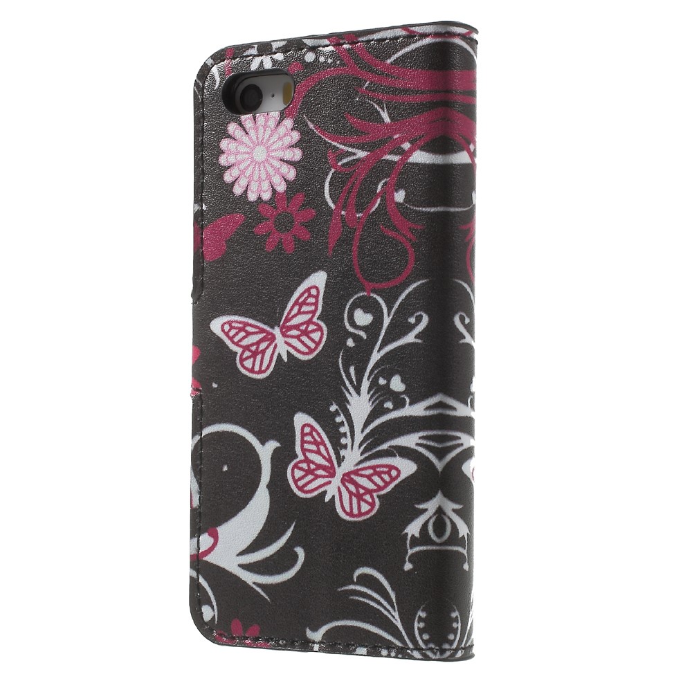 Leather Wallet Stand Case for iPhone SE/5s/5 - Butterfly and Flower-2