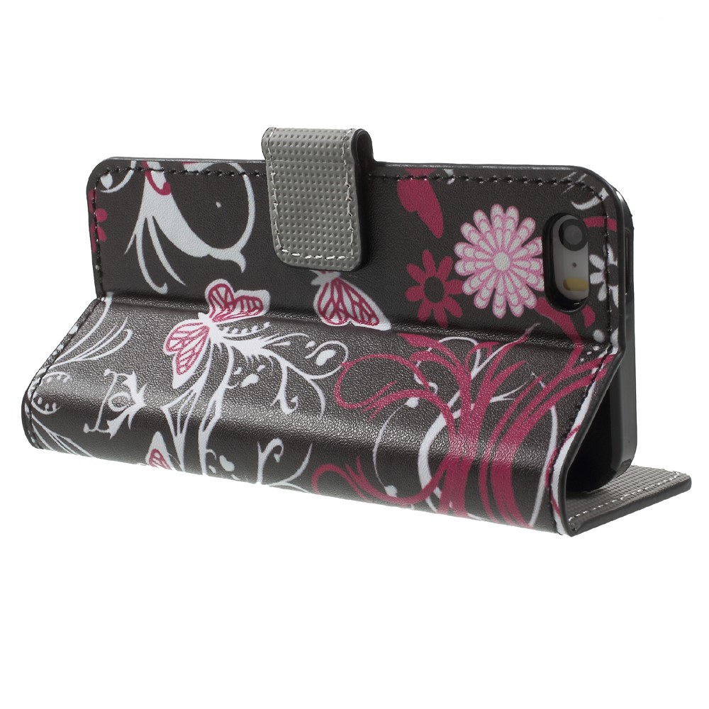 Leather Wallet Stand Case for iPhone SE/5s/5 - Butterfly and Flower-4