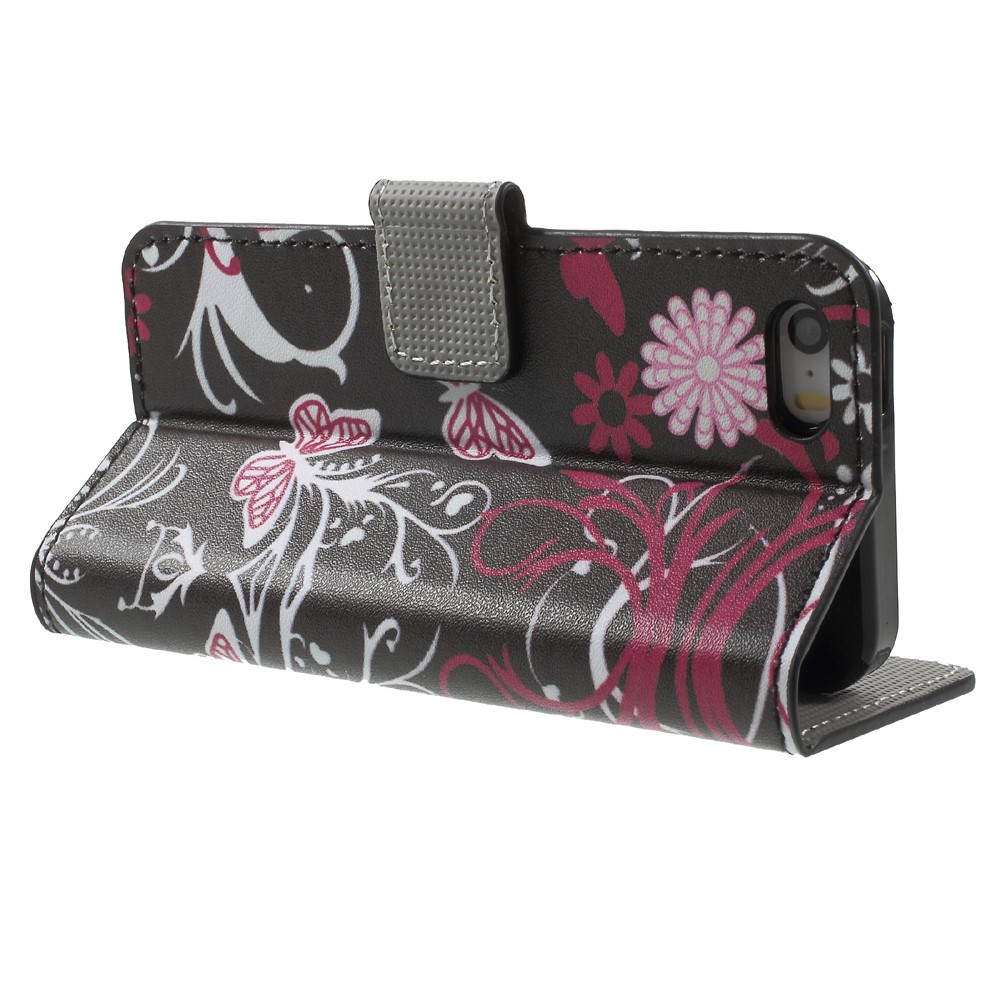 Wassertransferdruck Gemusterte Lederwallet-Stand-Schutzhülle Für IPhone SE / 5S / 5 - Schmetterling Und Blume.-4