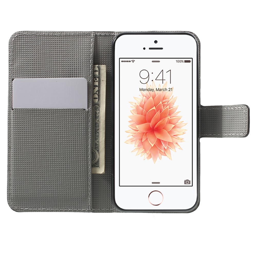 Leather Wallet Stand Case for iPhone SE/5s/5 - Butterfly and Flower-5