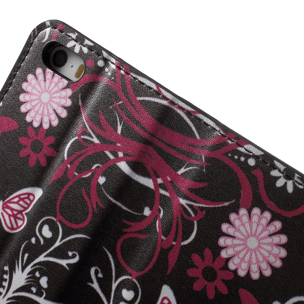 Leather Wallet Stand Case for iPhone SE/5s/5 - Butterfly and Flower-6