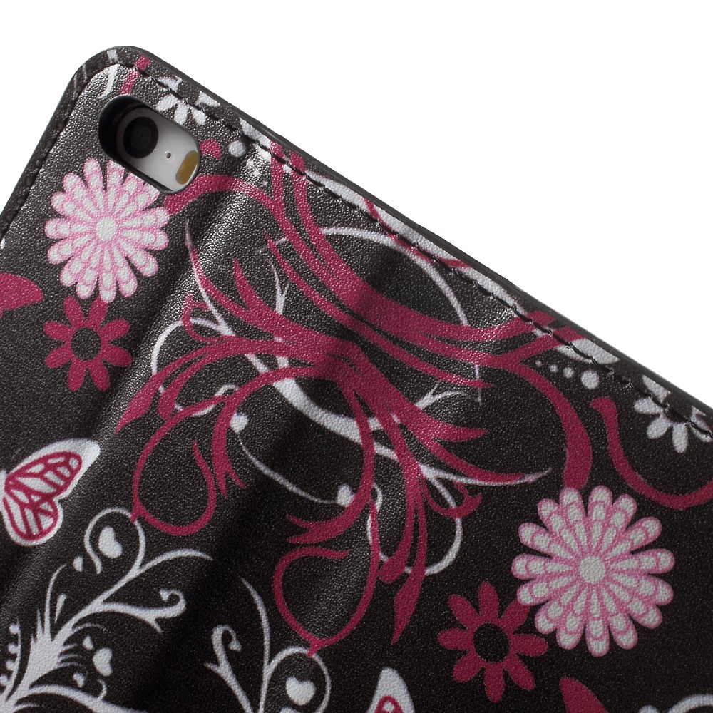 Wassertransferdruck Gemusterte Lederwallet-Stand-Schutzhülle Für IPhone SE / 5S / 5 - Schmetterling Und Blume.