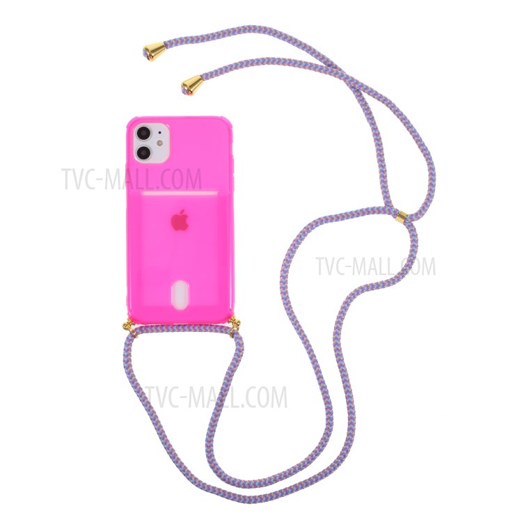 Shock-resistant Card Slot TPU Phone Case with Textile Hanging Rope for iPhone 11 6.1 inch - Pink-1