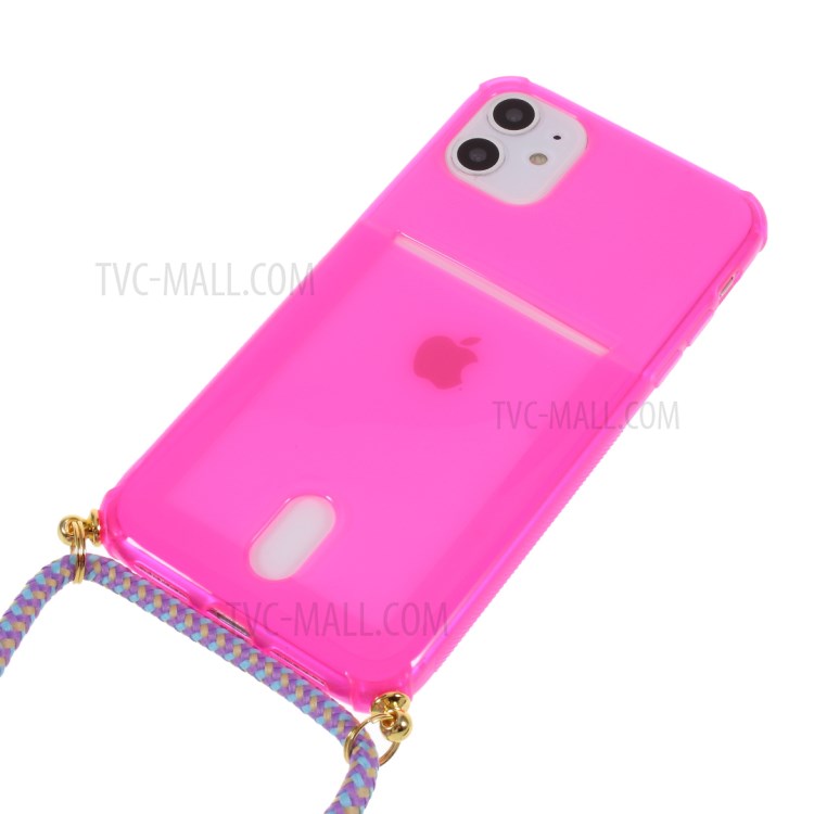 Shock-resistant Card Slot TPU Phone Case with Textile Hanging Rope for iPhone 11 6.1 inch - Pink-2