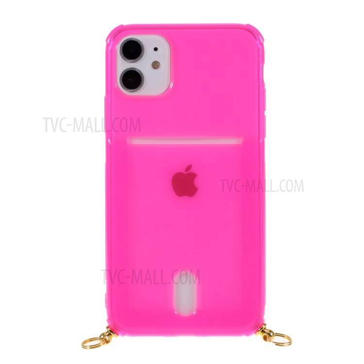 Shock-resistant Card Slot TPU Phone Case with Textile Hanging Rope for iPhone 11 6.1 inch - Pink-3