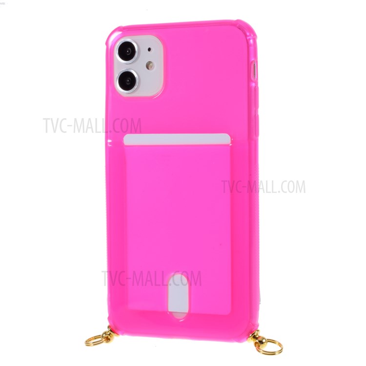 Shock-resistant Card Slot TPU Phone Case with Textile Hanging Rope for iPhone 11 6.1 inch - Pink-4