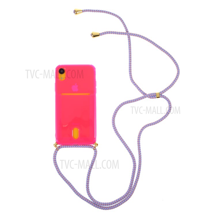 Shock-resistant Card Slot TPU Phone Case with Hanging Rope for iPhone XR 6.1 inch - Pink-1