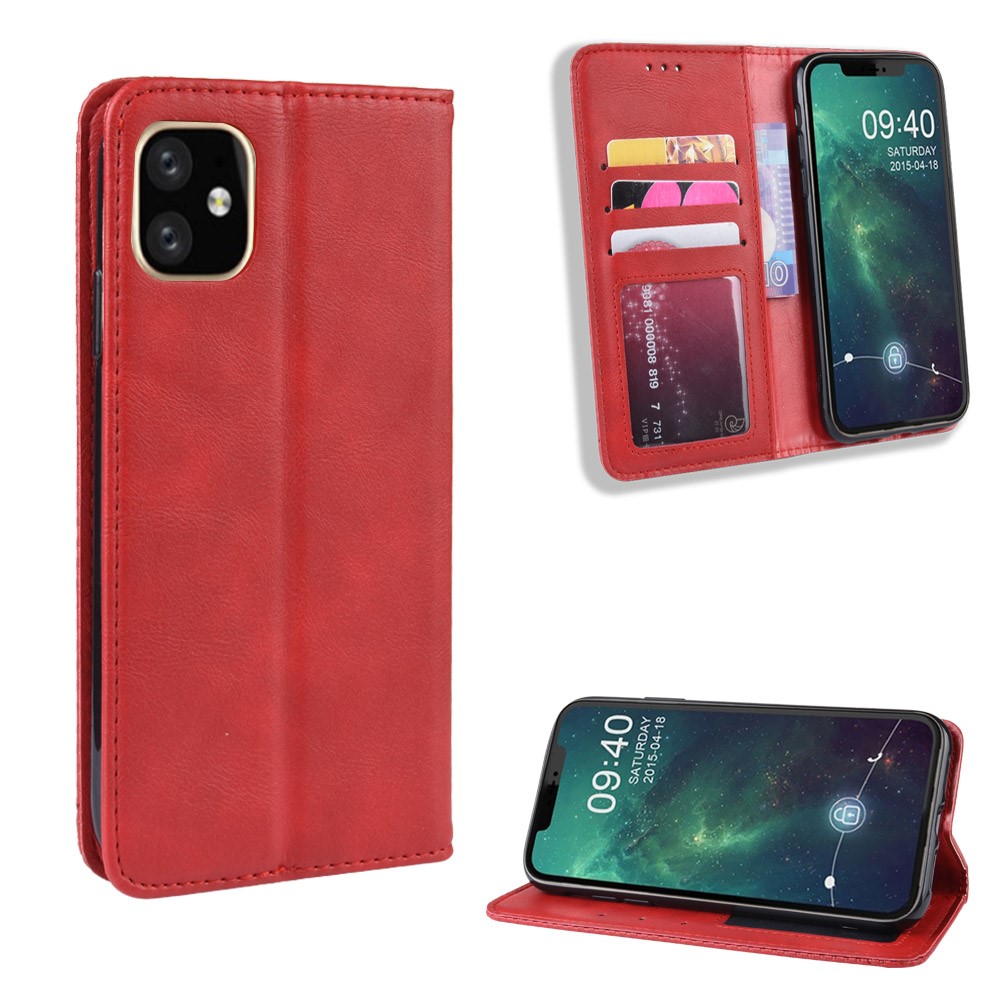 Auto-absorbed Retro PU Leather Cover for iPhone 12 Pro Max 6.7 inch - Red-1