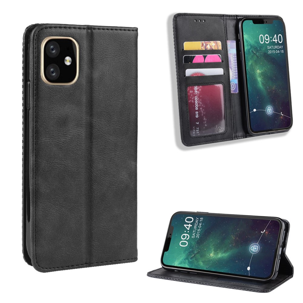 Auto-absorbed Retro PU Leather Cover for iPhone 12 5.4 inch - Black-1