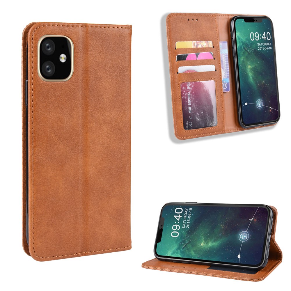 Auto-absorbed Retro PU Leather Cover for iPhone 12 5.4 inch - Brown-1