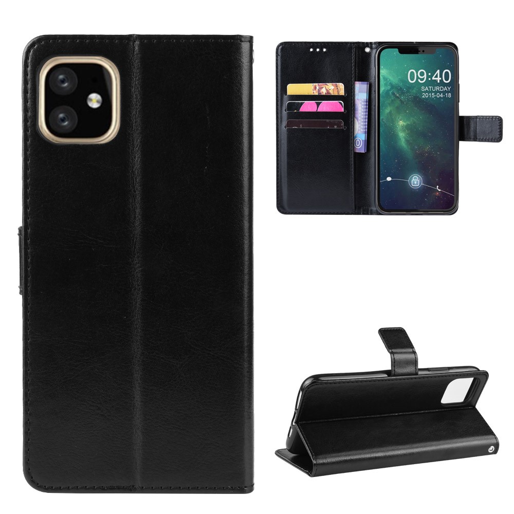 Crazy Horse Skin Leather Shell with Strap for iPhone 12 5.4 inch - Black-1