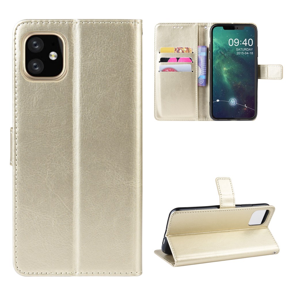 Crazy Horse Skin Leather Shell with Strap for iPhone 12 5.4 inch - Gold-1
