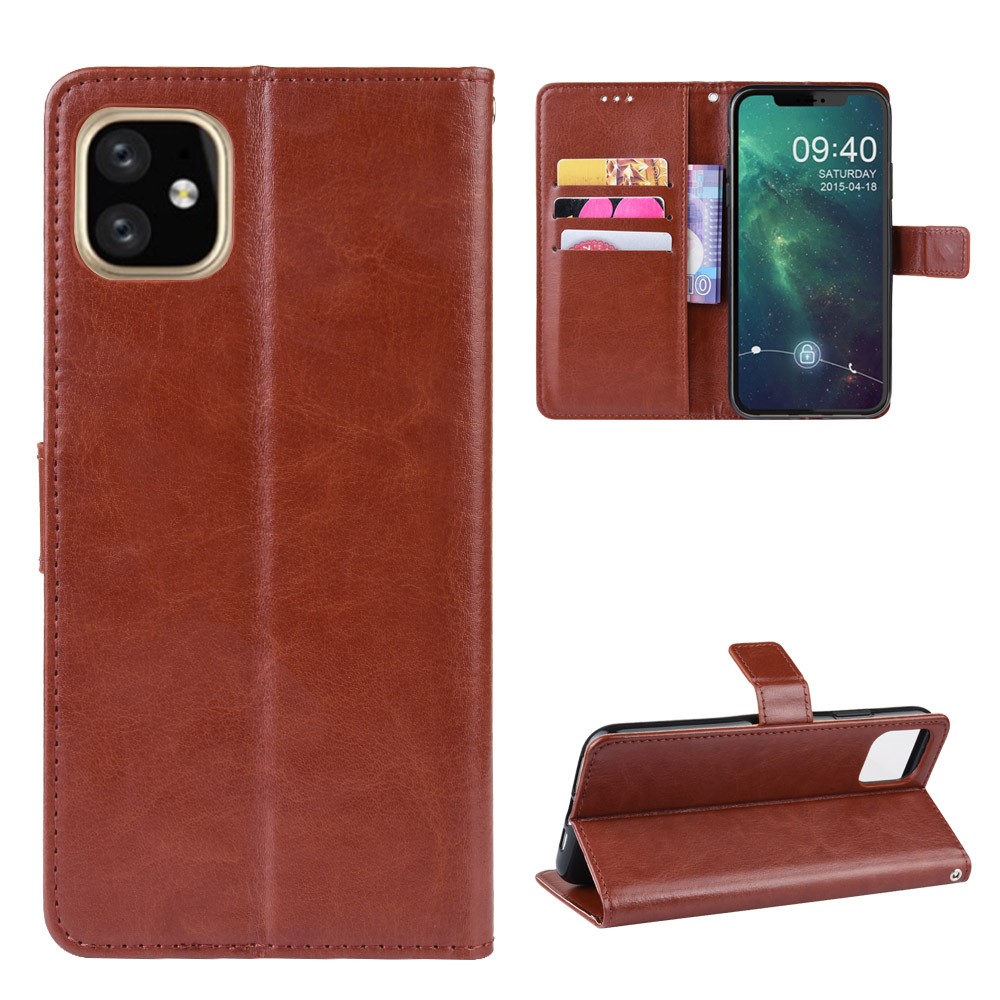 Crazy Horse Skin Leather Shell with Strap for iPhone 12 5.4 inch - Brown-1