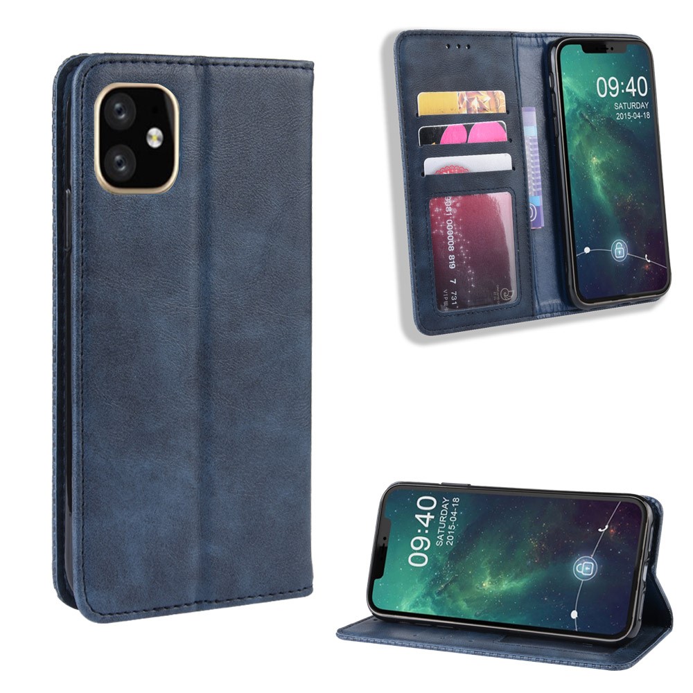 Retro Skin Wallet Leather Stand Case Para Iphone 12 Pro 6.1 Pulgadas - Azul