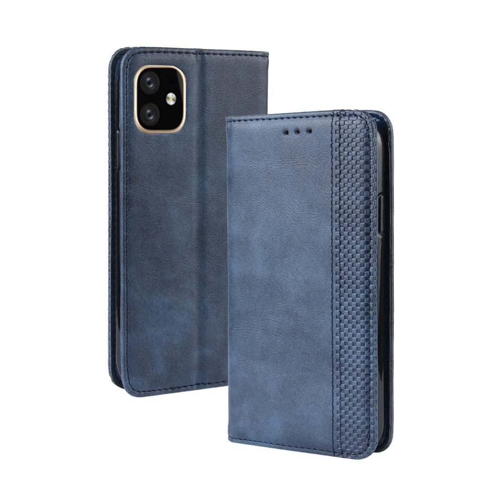 Étui de Support en Cuir de Portefeuille de Peau Rétro Pour Iphone 12 Pro 6,1 Pouces - Bleu