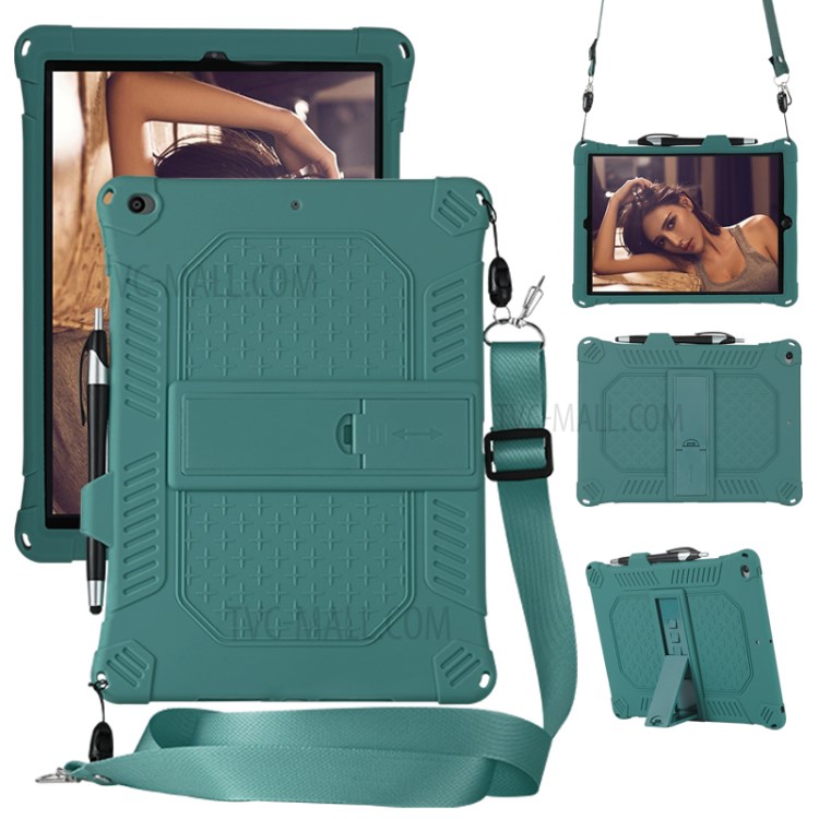 Shock Proof Silicone Tablet Protective Cover with PC Kickstand and Shoulder Strap for iPad 10.2 (2019) / iPad Air 10.5 inch (2019) - Green-1