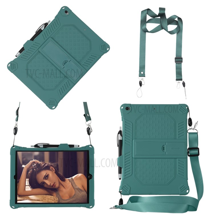 Shock Proof Silicone Tablet Protective Cover with PC Kickstand and Shoulder Strap for iPad 10.2 (2019) / iPad Air 10.5 inch (2019) - Green-3