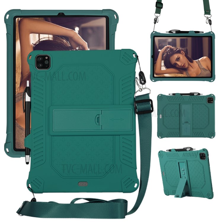 Shock Proof Silicone Tablet Protective Cover with PC Kickstand and Shoulder Strap for iPad Pro 11-inch (2020) - Green-1