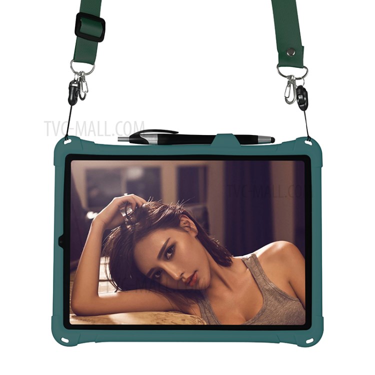 Shock Proof Silicone Tablet Protective Cover with PC Kickstand and Shoulder Strap for iPad Pro 11-inch (2020) - Green-9