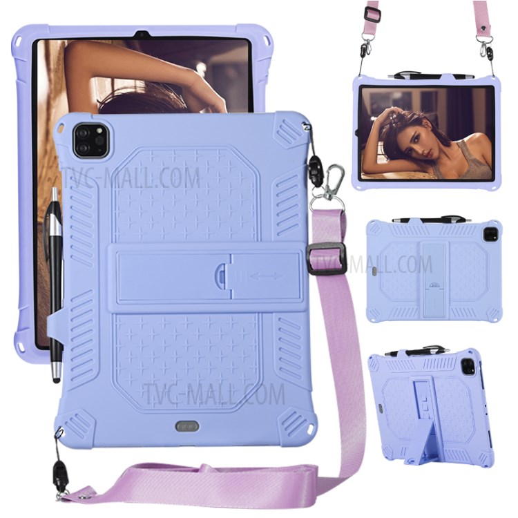 Shock Proof Silicone Tablet Protective Cover with PC Kickstand and Shoulder Strap for iPad Pro 11-inch (2020) - Purple-1