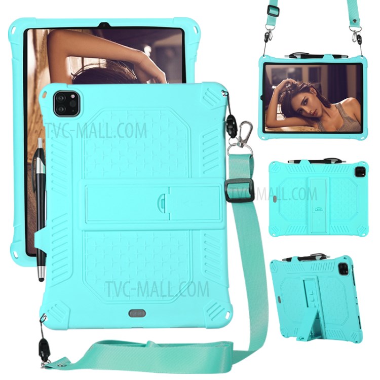 Shock Proof Silicone Tablet Protective Cover with PC Kickstand and Shoulder Strap for iPad Pro 11-inch (2020) - Cyan-1