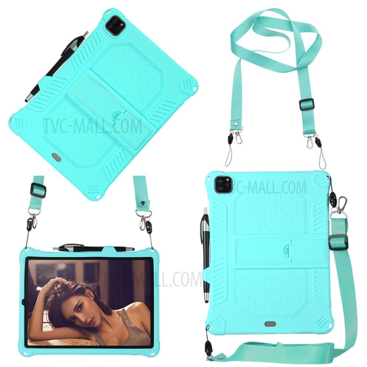 Shock Proof Silicone Tablet Protective Cover with PC Kickstand and Shoulder Strap for iPad Pro 11-inch (2020) - Cyan-3