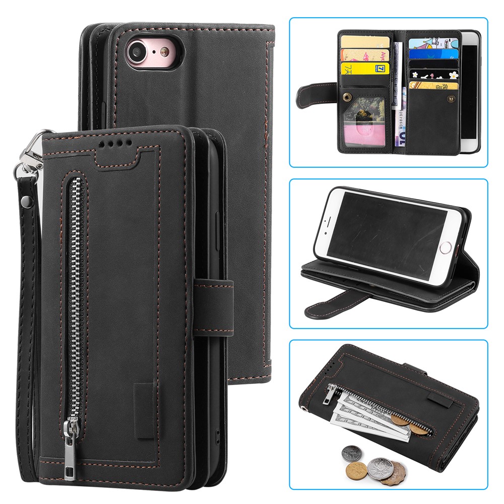 Poche À Fermeture Éclair 9 Emplacements Pour Cartes Étui Portefeuille En Cuir Pour IPhone 6s / 6 - Noir-1