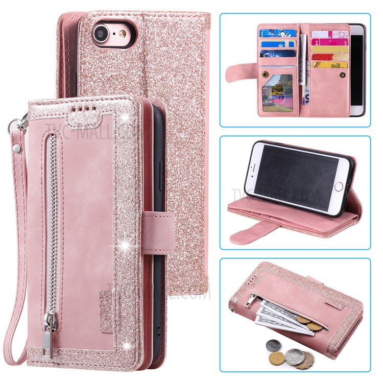 Zipper Pocket 9 Card Slots Leather Wallet Case for iPhone 6s/6 - Rose Gold-1