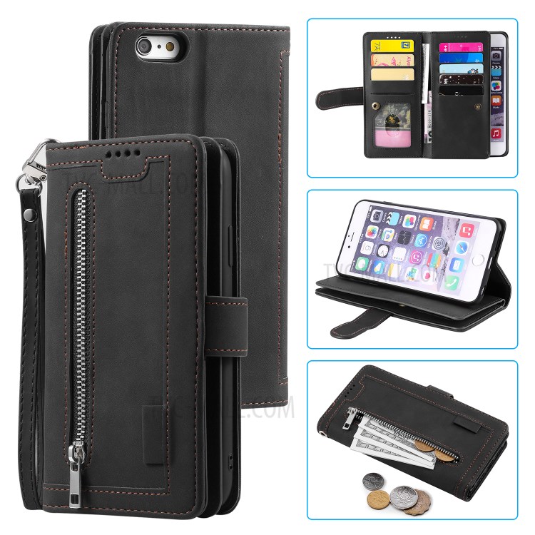 Bolso Com Zíper 9 Cartão Shell Ranhuras Carteira De Couro Para 6s Iphone Plus / 6 Mais - Preto-1