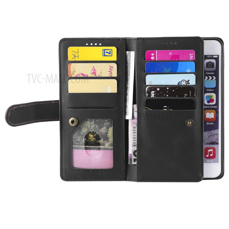 Bolso Com Zíper 9 Cartão Shell Ranhuras Carteira De Couro Para 6s Iphone Plus / 6 Mais - Preto-5