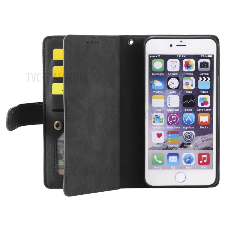 Bolso Com Zíper 9 Cartão Shell Ranhuras Carteira De Couro Para 6s Iphone Plus / 6 Mais - Preto-7