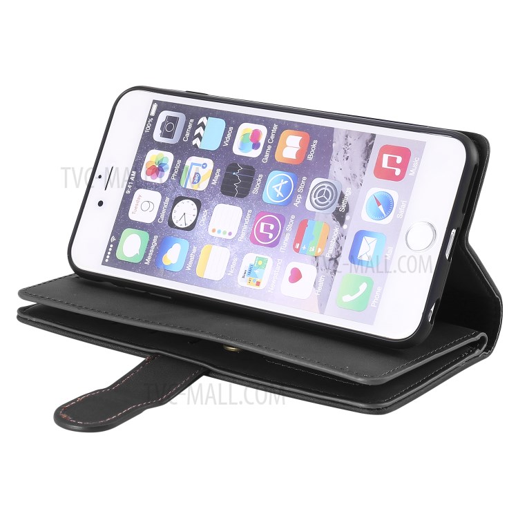 Bolso Com Zíper 9 Cartão Shell Ranhuras Carteira De Couro Para 6s Iphone Plus / 6 Mais - Preto-9