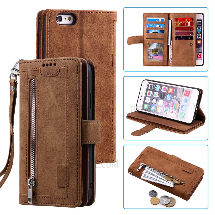 Zipper Pocket 9 Card Slots Leather Wallet Shell for iPhone 6s Plus/6 Plus - Brown-1