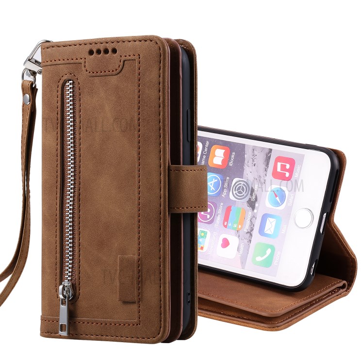 Zipper Pocket 9 Card Slots Leather Wallet Shell for iPhone 6s Plus/6 Plus - Brown-13