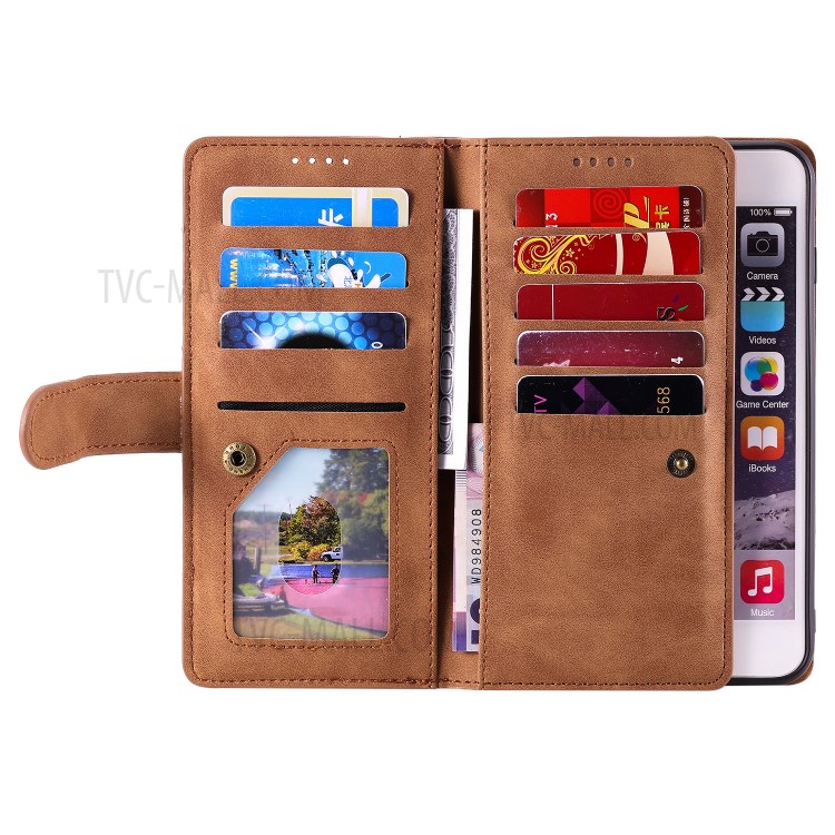 Zipper Pocket 9 Card Slots Leather Wallet Shell for iPhone 6s Plus/6 Plus - Brown-5