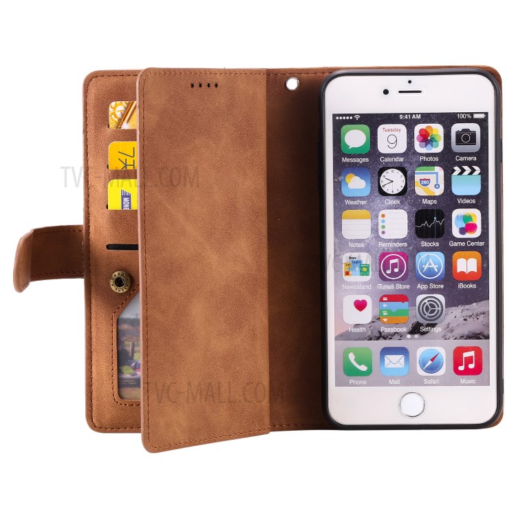 Zipper Pocket 9 Card Slots Leather Wallet Shell for iPhone 6s Plus/6 Plus - Brown-7