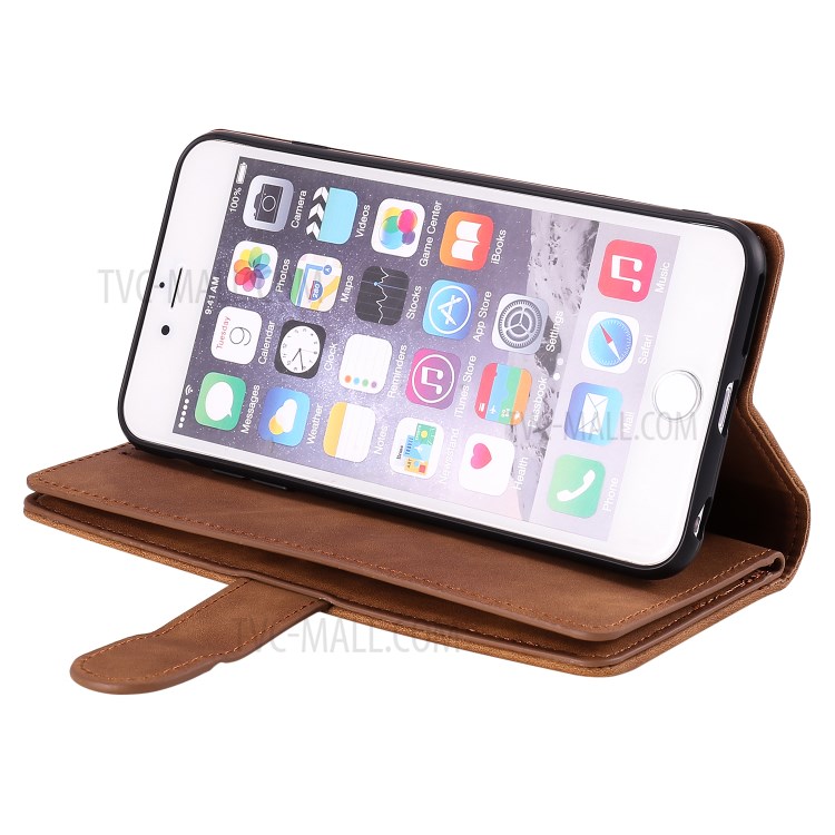 Zipper Pocket 9 Card Slots Leather Wallet Shell for iPhone 6s Plus/6 Plus - Brown-9