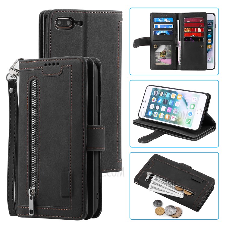 Caja De La Carpeta De Cuero Bolsillo 9 Ranuras Para Tarjetas De Cremallera Para Iphone 8 Plus / 7 Plus - Negro-1