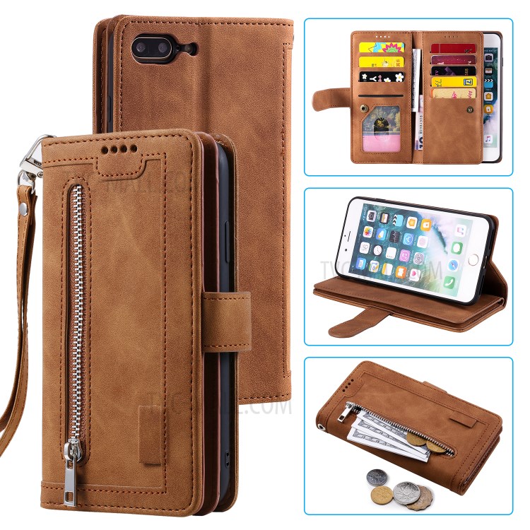 Poche À Fermeture Éclair 9 Fentes Pour Cartes Cas De Porte-monnaie En Cuir Pour Iphone 8 Plus / 7 Plus - Marron-1