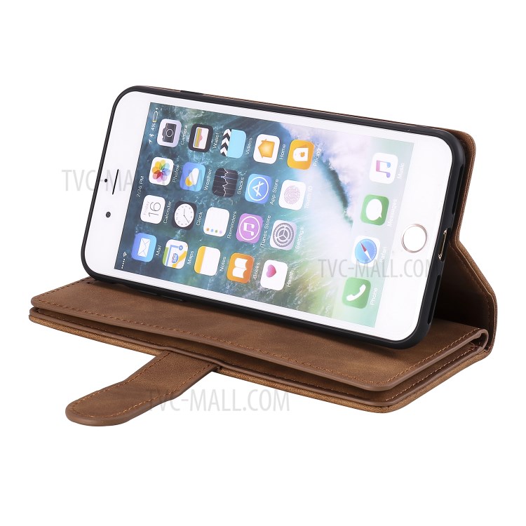 Poche À Fermeture Éclair 9 Fentes Pour Cartes Cas De Porte-monnaie En Cuir Pour Iphone 8 Plus / 7 Plus - Marron-10