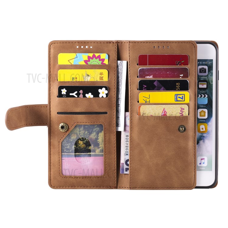 Poche À Fermeture Éclair 9 Fentes Pour Cartes Cas De Porte-monnaie En Cuir Pour Iphone 8 Plus / 7 Plus - Marron-5